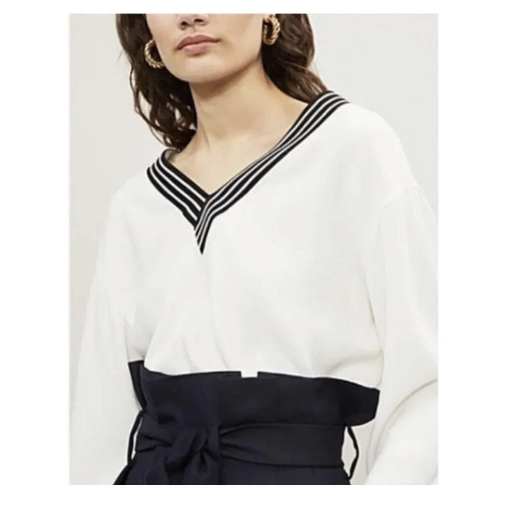 Maje $265 Lorni Lounge Long Sleeves Crepe Striped V-Neck Neckline Top Sz 3/L US - Picture 6 of 16